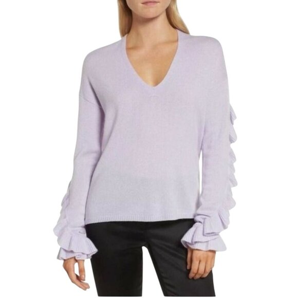 Lewit Sweaters - NWT Lewit Purple Thistle Cashmere Ruffle Sleeve V-Neck Sweater Large Reg. $279